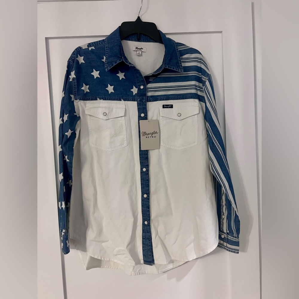 Wrangler Blue and White Americana Star & Stripe Western Pearl Snap Shirt
